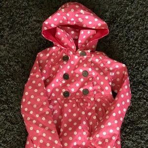 pink and white polkadot raincoat size 5/6